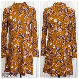 Mudd Brown Multi Paisley Print Soft Knit Mockneck Mini Swing Dress